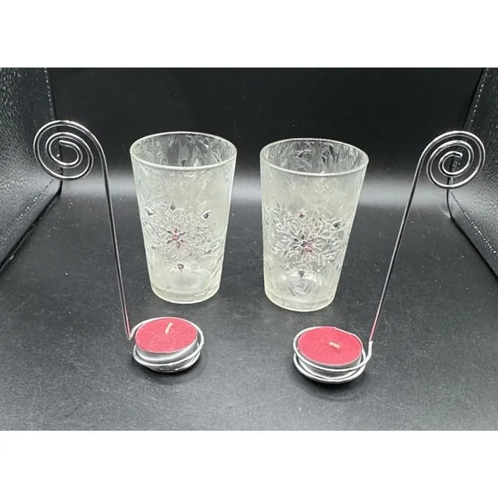 FROSTED Snowflake TEALIGHT CANDLE HOLDER WHITE GLASS 2 PIECE SET -A96